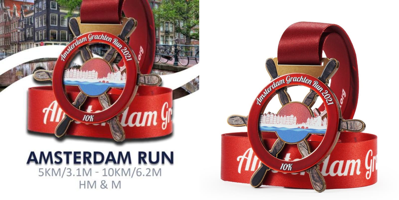 Two images of a running medal from the "Amsterdam Grachten Run 2021." The medal features a red ribbon, the text "Amsterdam Grachten Run 2021," and a design depicting the Amsterdam canals. Text beneath reads "AMSTERDAM RUN 5KM/3.1M - 10KM/6.2M HM & M.