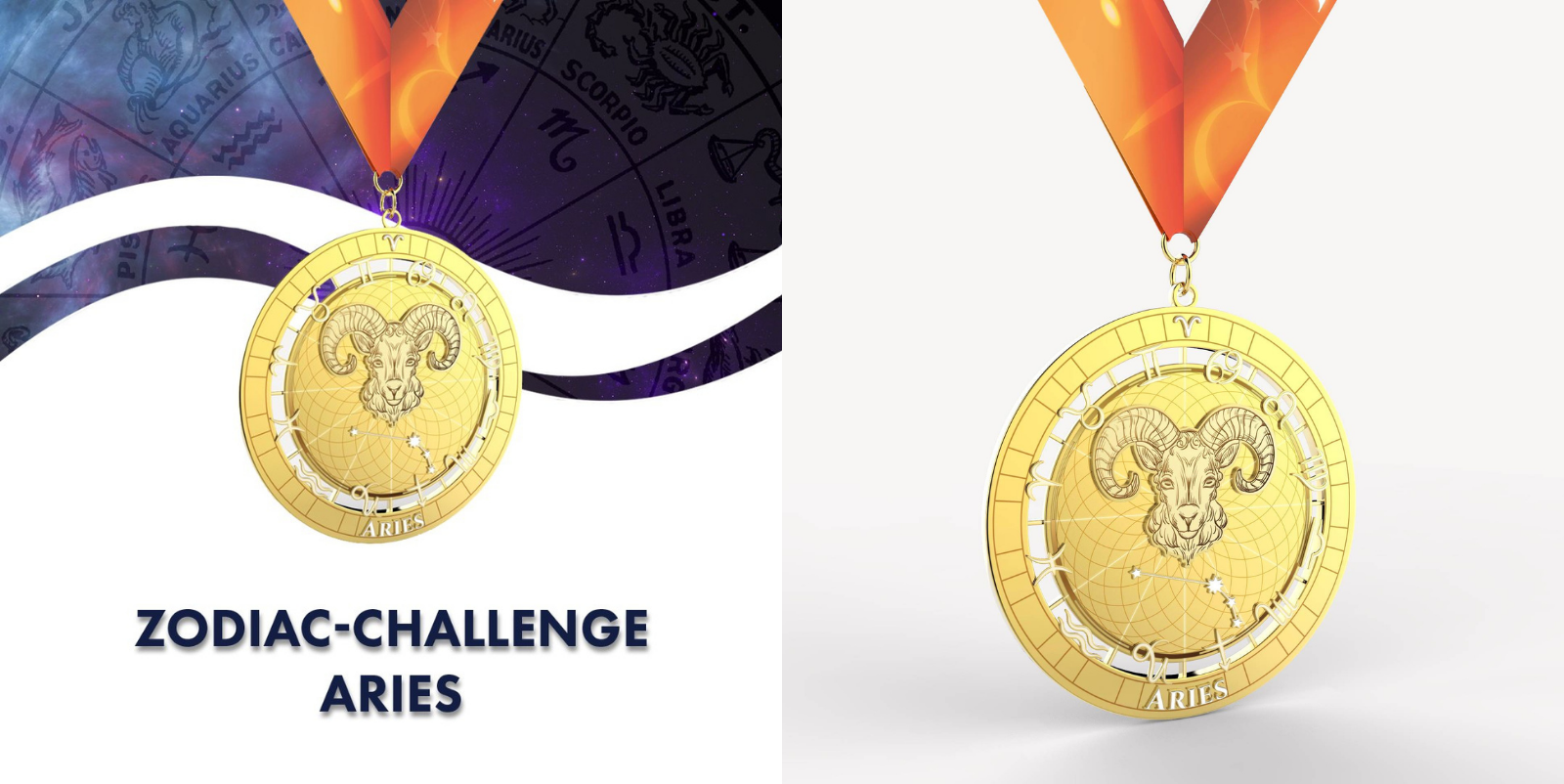 A gold medal with an illustration of a ram represents the Aries zodiac sign. "ZODIAC CHALLENGE ARIES" is written beneath it. The medal is hung by an orange ribbon. The background features a star chart with zodiac symbols.