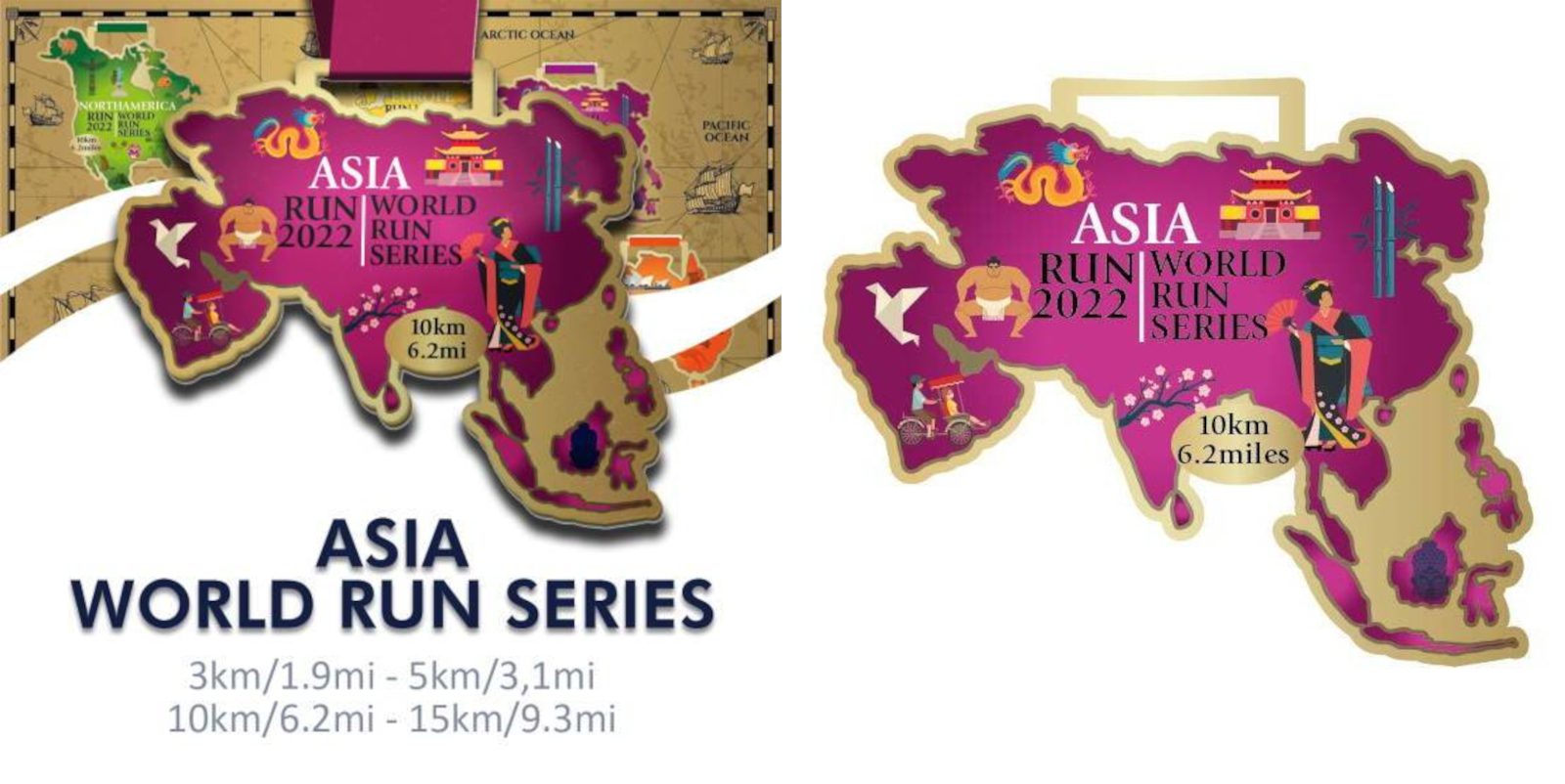 A promotional image for the Asia World Run Series 2022 featuring a stylized map of Asia with purple accents. The event offers various race distances: 3km, 5km, 10km, and 15km. The medal design mirrors the map and highlights a 10km marker.