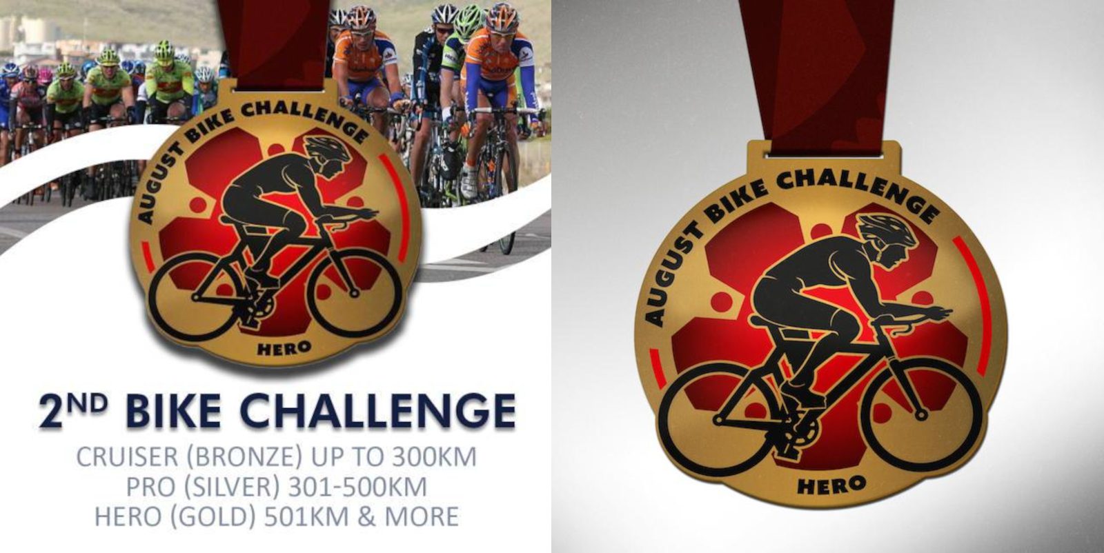 Two-panel image: left shows cyclists in a race above text that reads "2nd Bike Challenge" with categories Cruiser (Bronze) up to 300km, Pro (Silver) 301-500km, Hero (Gold) 501km & more. Right panel displays a close-up of a gold medal with a cyclist graphic and text "August Bike Challenge Hero.