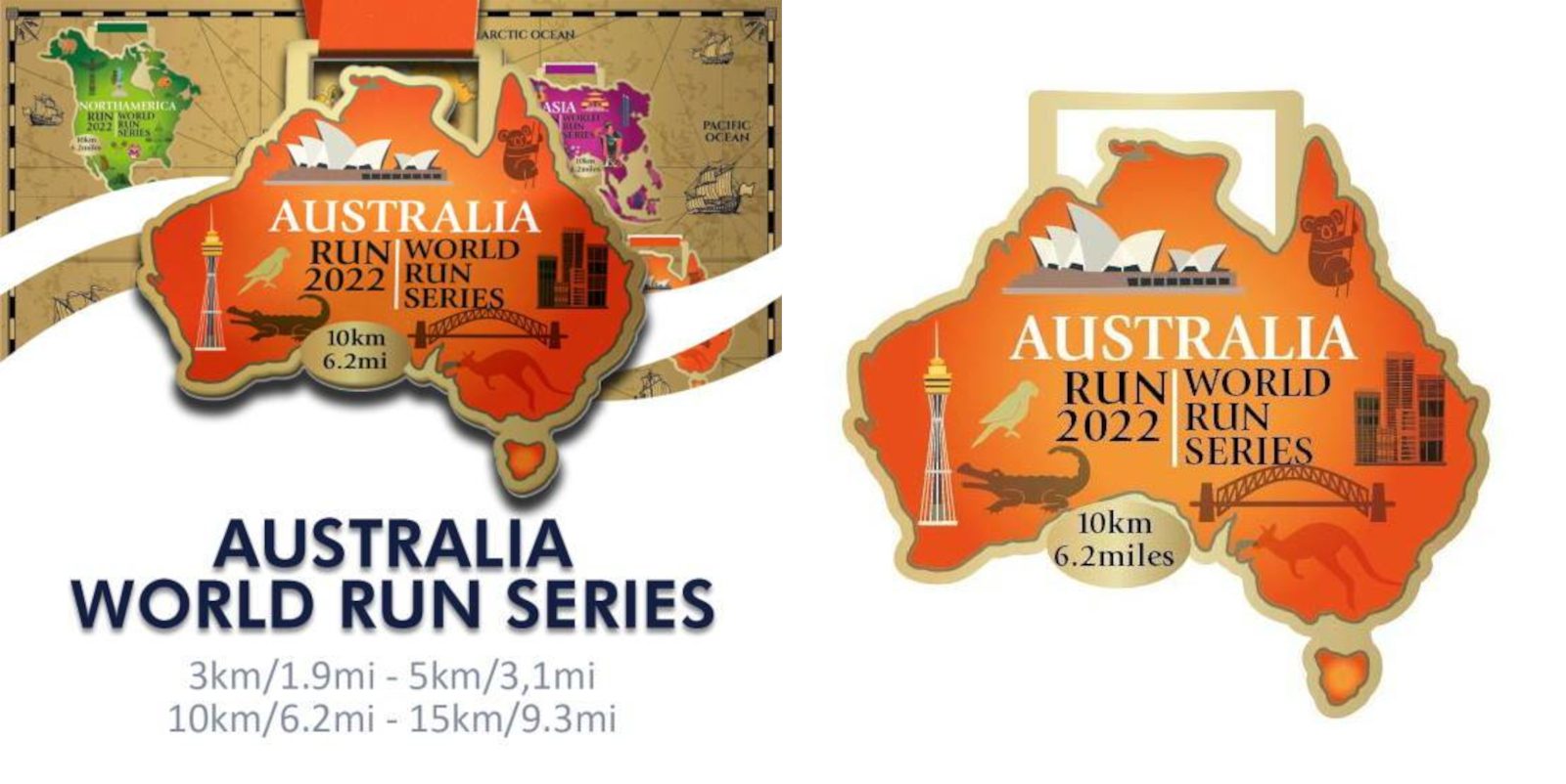 The image shows promotional material for the "Australia World Run Series 2022." It includes a map of Australia with notable landmarks. Event distances are listed: 3km, 5km, 10km, and 15km. The slogan reads: "Australia World Run Series 2022.
