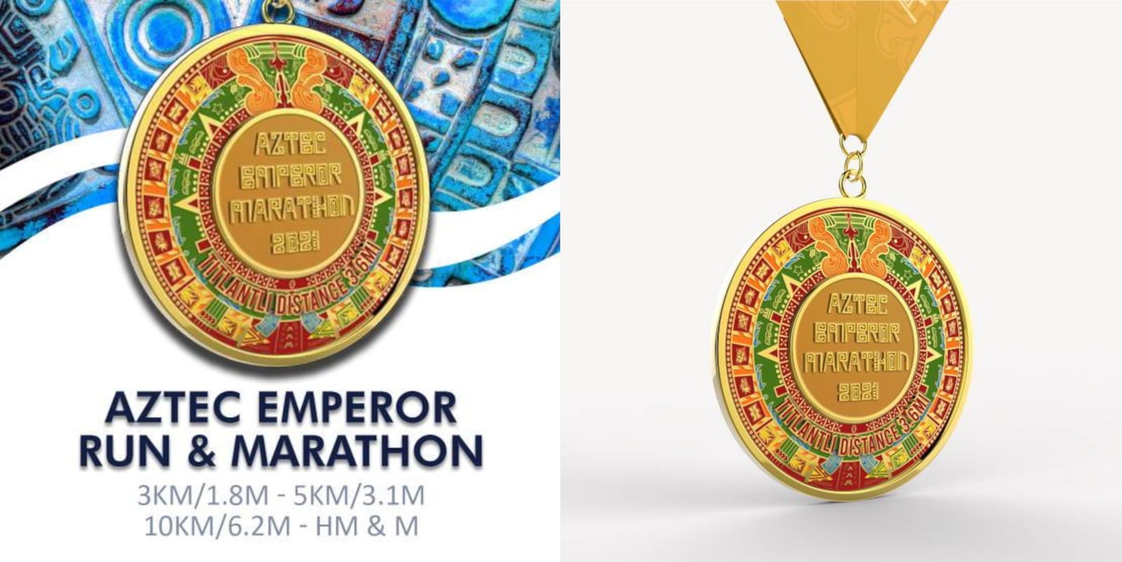 A promotional image for the Aztec Emperor Run & Marathon. The left side displays the event's name and distances (3KM/1.8M, 5KM/3.1M, 10KM/6.2M, Half Marathon, and Marathon) alongside an intricate medal design. The right side shows a close-up of the medal.