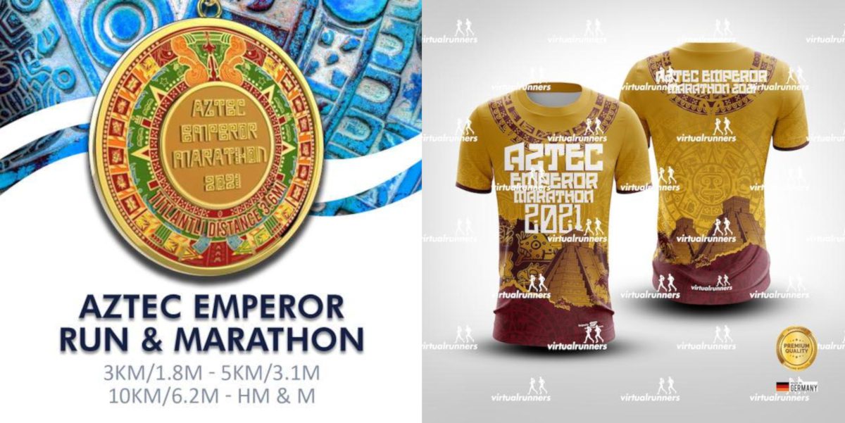 A promotional image for the "Aztec Emperor Run & Marathon 2021." It includes a circular emblem with Aztec motifs, race distances from 3km to a marathon, and two T-shirts with Aztec designs. Logos of "virtualrunners" are scattered in the background.