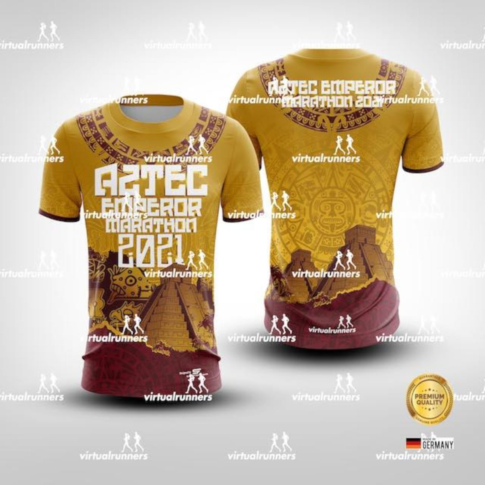 Two T-shirts are displayed, showcasing the "Aztec Emperor Marathon 2021" design. The T-shirts feature Aztec-style artwork, including pyramids and ancient motifs, mainly in gold and maroon colors. The logos "virtualrunners" and "Premium Quality" appear as well.