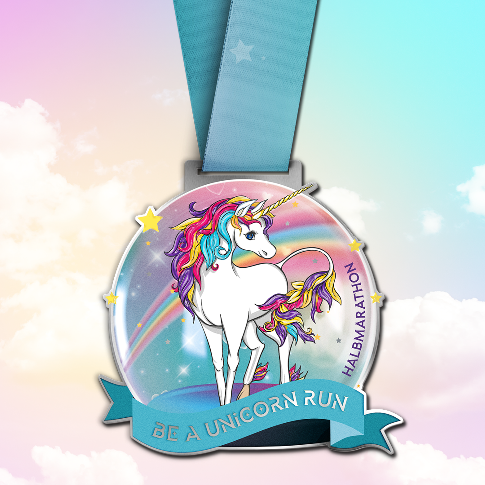 A medal with a colorful ribbon features a white unicorn with a rainbow mane and tail. "BE A UNICORN RUN" is written on a blue ribbon at the bottom, and "HALBMARATHON" is inscribed on the side. The background includes a rainbow and stars against a pastel sky.