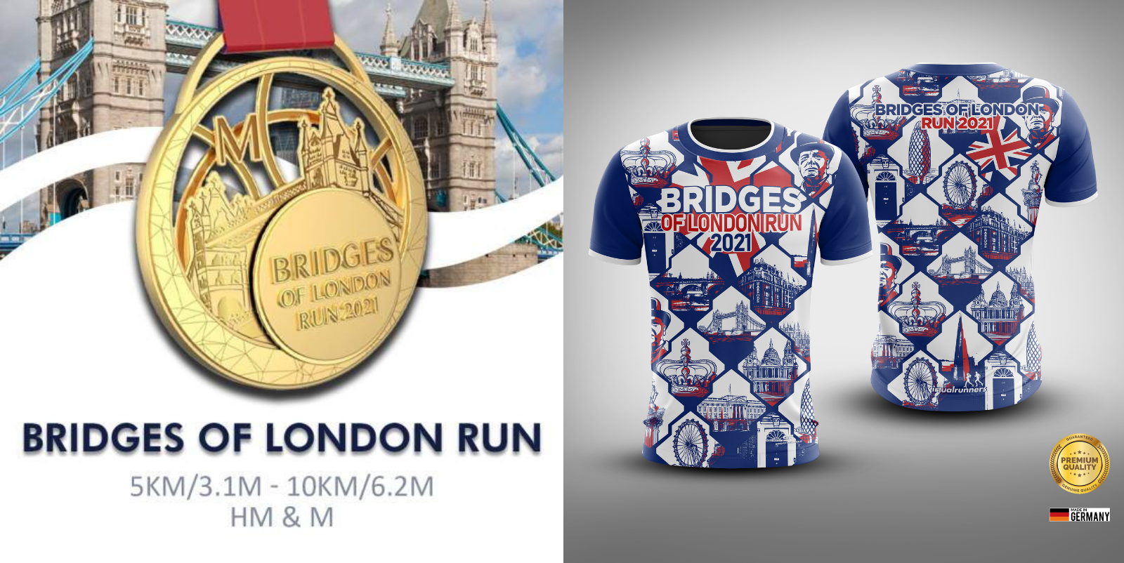 The image features promotional material for the "Bridges of London Run 2021". On the left, there is a medal with the event name. On the right, front and back views of a blue and white event t-shirt decorated with London landmarks and "BRIDGES OF LONDON RUN 2021" text.