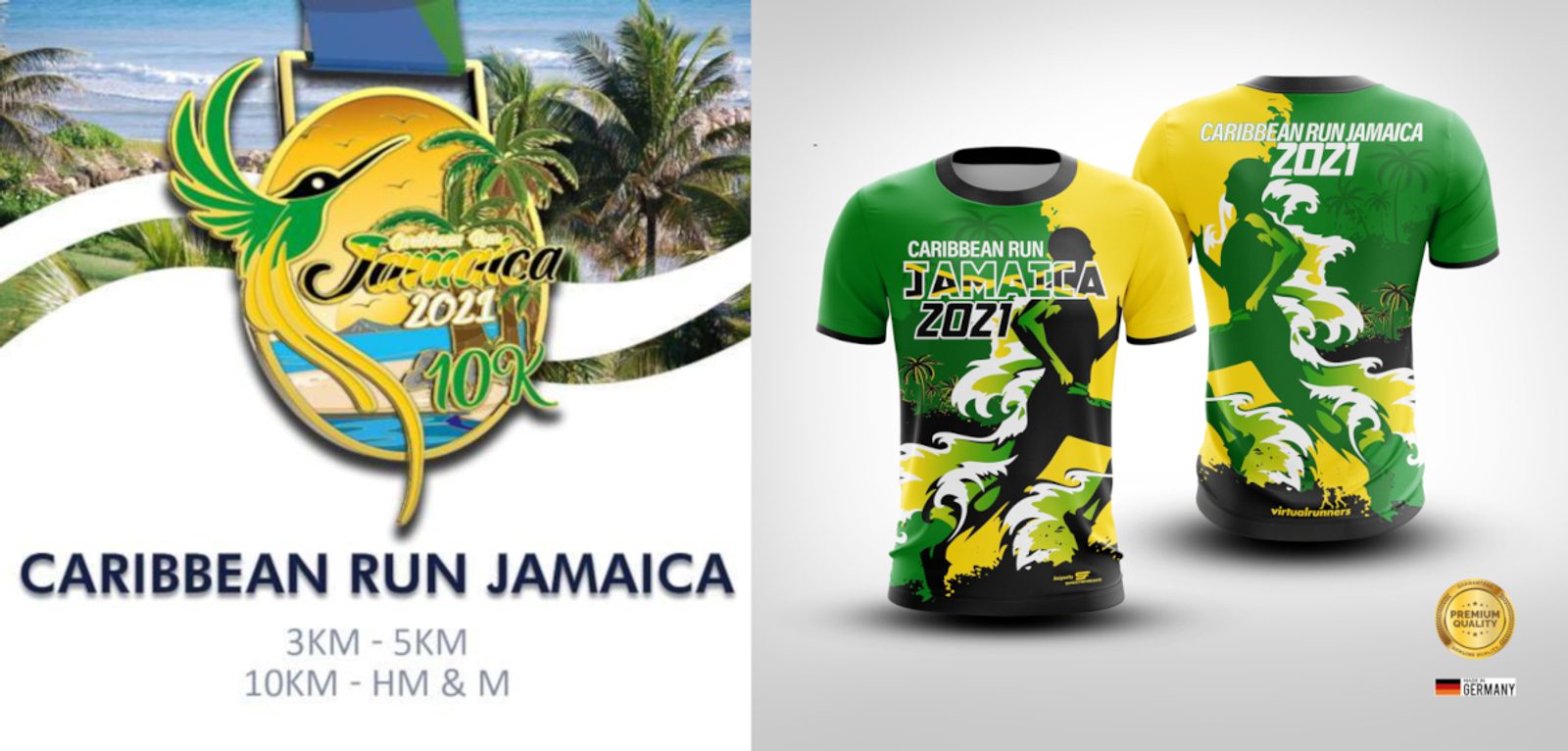 Flyer and shirt design for the Caribbean Run Jamaica 2021. The flyer shows a tropical theme with palm trees and birds. The shirts feature vibrant green, yellow, and black colors with a running figure. Distances include 3KM, 5KM, 10KM, HM & M.
