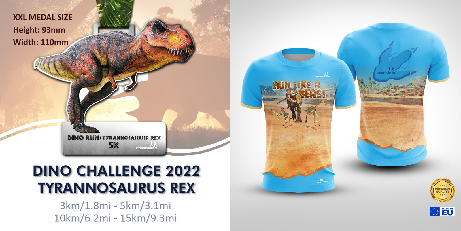 A promotional image for Dino Challenge 2022 featuring the Tyrannosaurus Rex. The image shows a large T-Rex medal and two blue shirts, one displaying a dinosaur and canyon scene. Event details include race distances: 3km, 5km, 10km, and 15km.