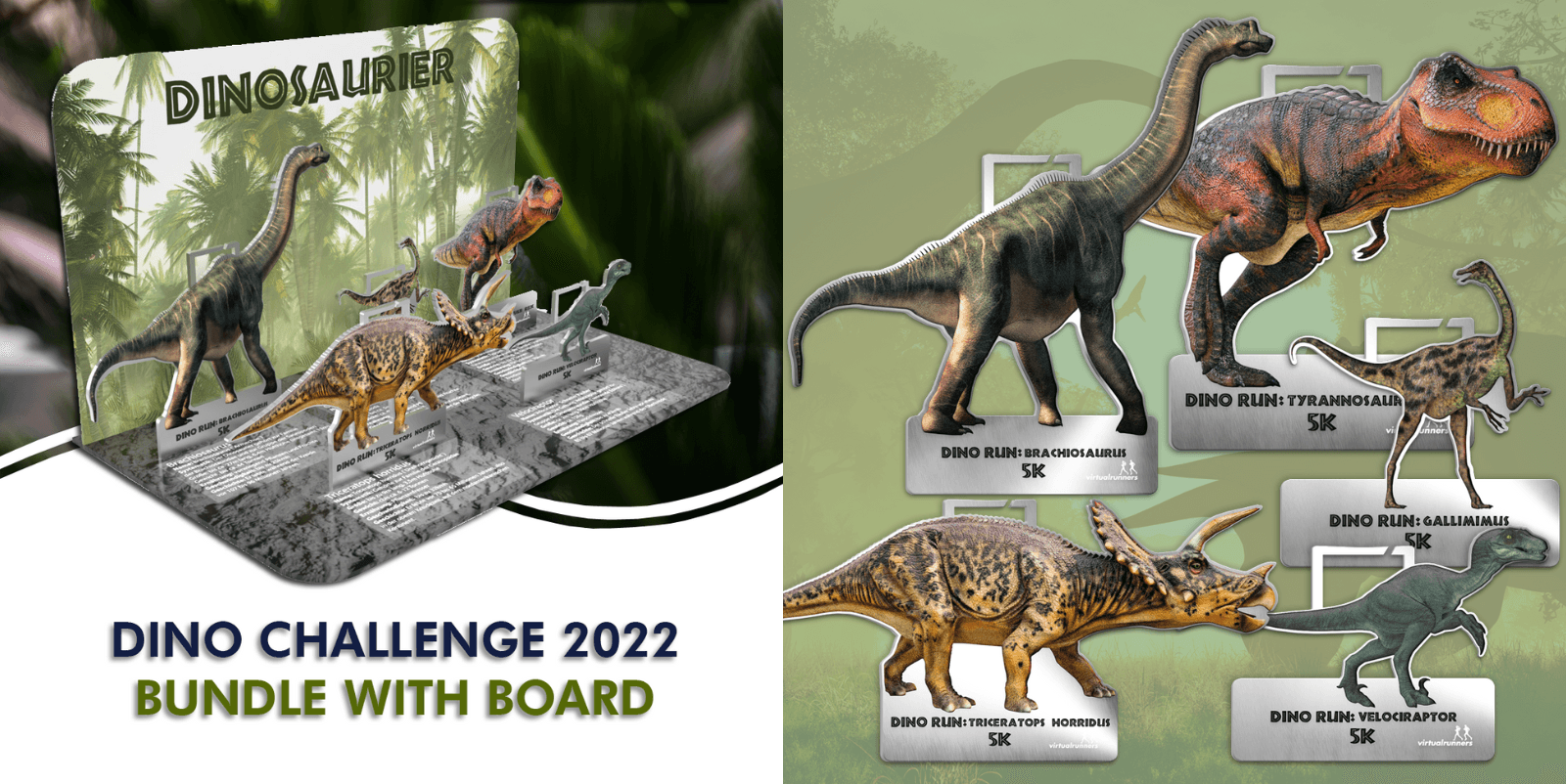A promotional image for the "Dino Challenge 2022 Bundle with Board" showing five dinosaur figurines: a T-Rex, a Carcharodontosaurus, a Murdurosaurus, and two Velociraptors. The dinosaurs are displayed on a game board with name tags and illustrations.