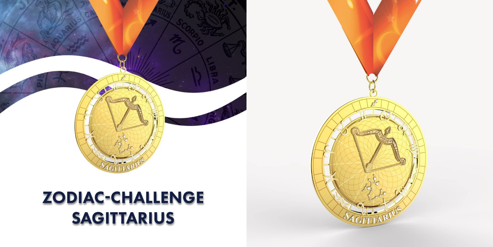 A gold medal featuring a zodiac-themed design with the Sagittarius symbol in the center. The medal hangs from an orange ribbon. The background displays a purple celestial pattern, and the text "ZODIAC•CHALLENGE SAGITTARIUS" is written below on the left side.