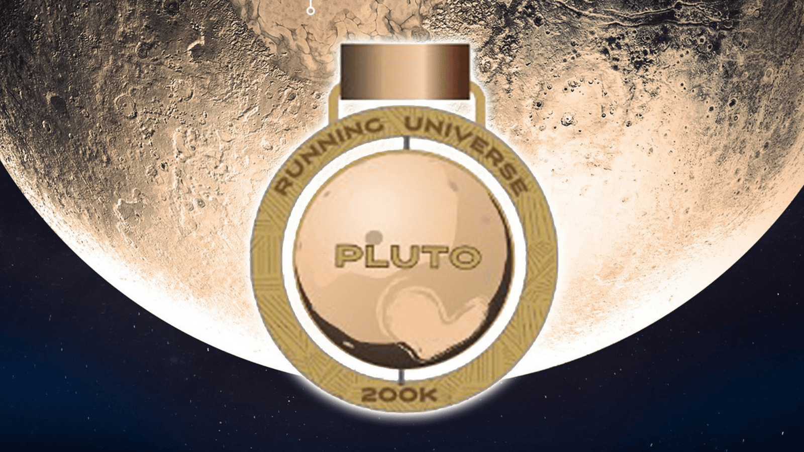 A gold medal with the words "Running Universe" and "200K" at the top and bottom, respectively, and the name "Pluto" in the center. The medal is set against a detailed image of the dwarf planet Pluto, with space in the background.
