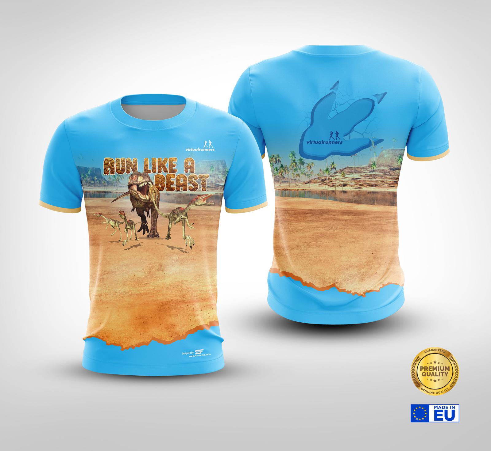 Two blue shirts with an image of a runner chased by dinosaurs on the front. Text reads "RUN LIKE A BEAST." The back of the shirts feature the sponsor logos and a silhouette of a runner inside a dinosaur footprint. European Union flag and "Premium Quality" badge also displayed.