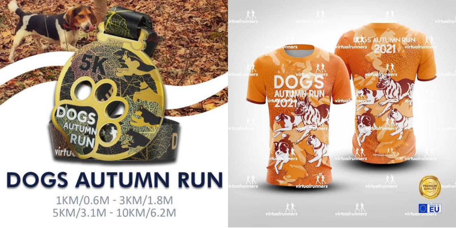 The image is divided into two sections. The left shows a dog-themed medal for the "Dogs Autumn Run" with race distances. The right side displays two orange shirts featuring illustrations of dogs and people running, both labeled "Dogs Autumn Run 2021.