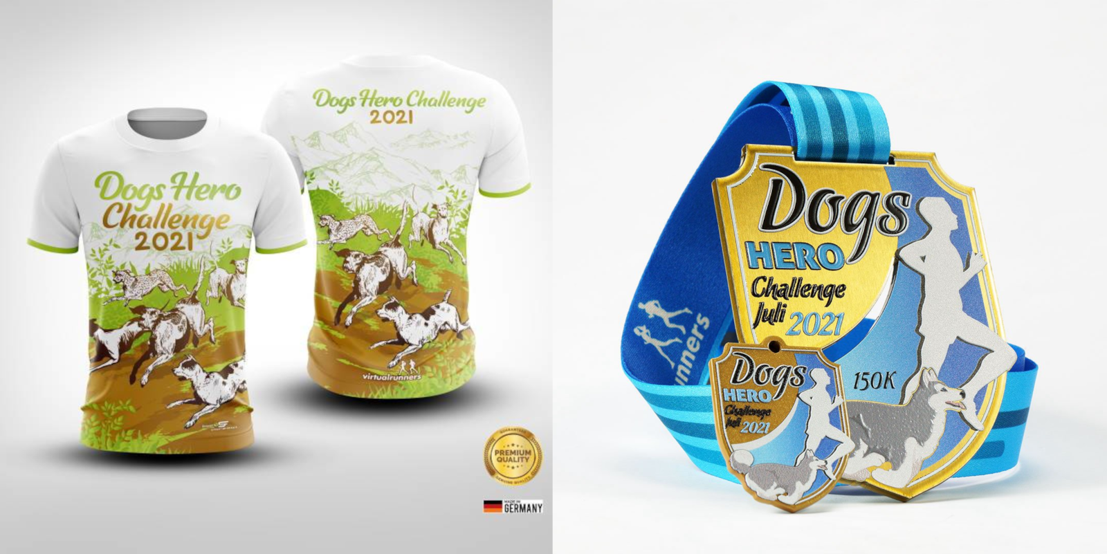 Two images side by side. On the left, a "Dogs Hero Challenge 2021" T-shirt featuring dogs on green grass with mountains in the background. On the right, a medal for the same event, depicting a dog, a person running, and the text "Dogs Hero Challenge July 2021 150K".