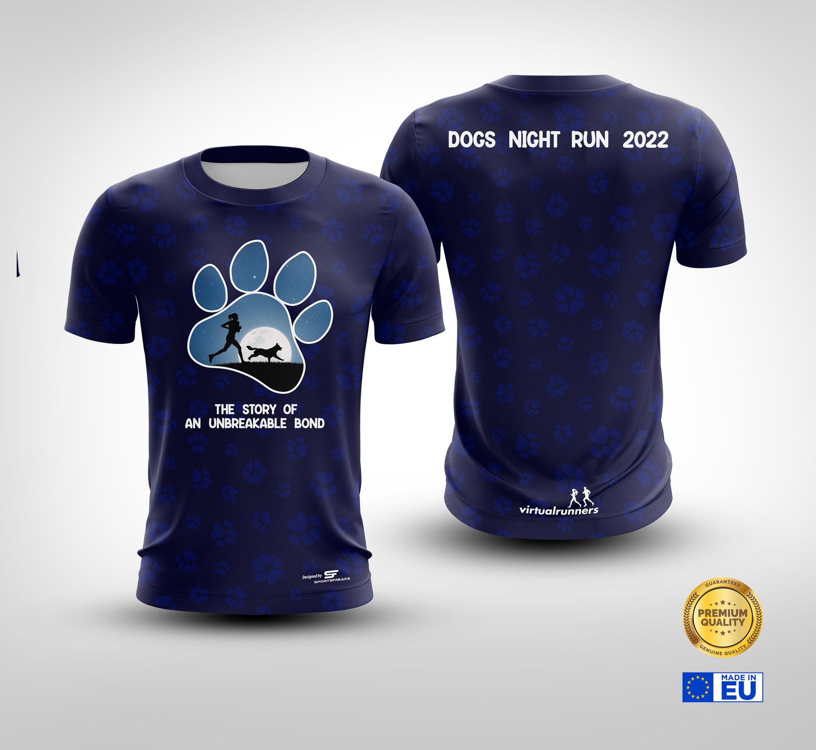Front and back views of a blue race T-shirt for the "Dogs Night Run 2022." The front features a large paw print graphic with a silhouette of a person running with a dog, accompanied by the text "The Story of an Unbreakable Bond." The back has the event name and year.