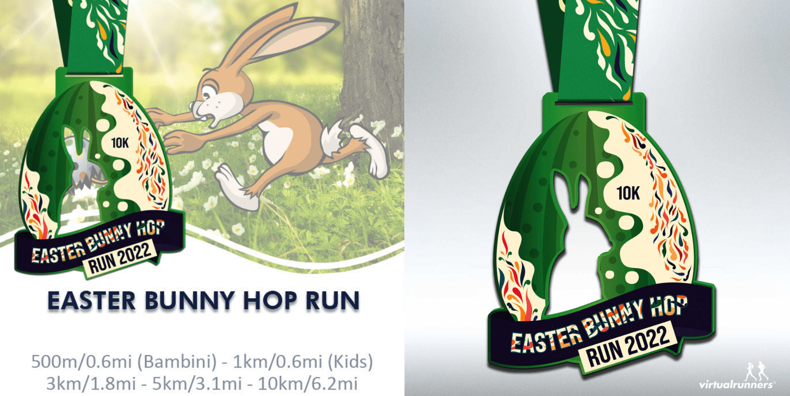 An Easter Bunny-themed medal is shown with a bunny and egg design, reading "Easter Bunny Hop Run 2022." A list of distances includes 500m, 1km, 3km, 5km, and 10km. An animated bunny and greenery enhance the festive theme.