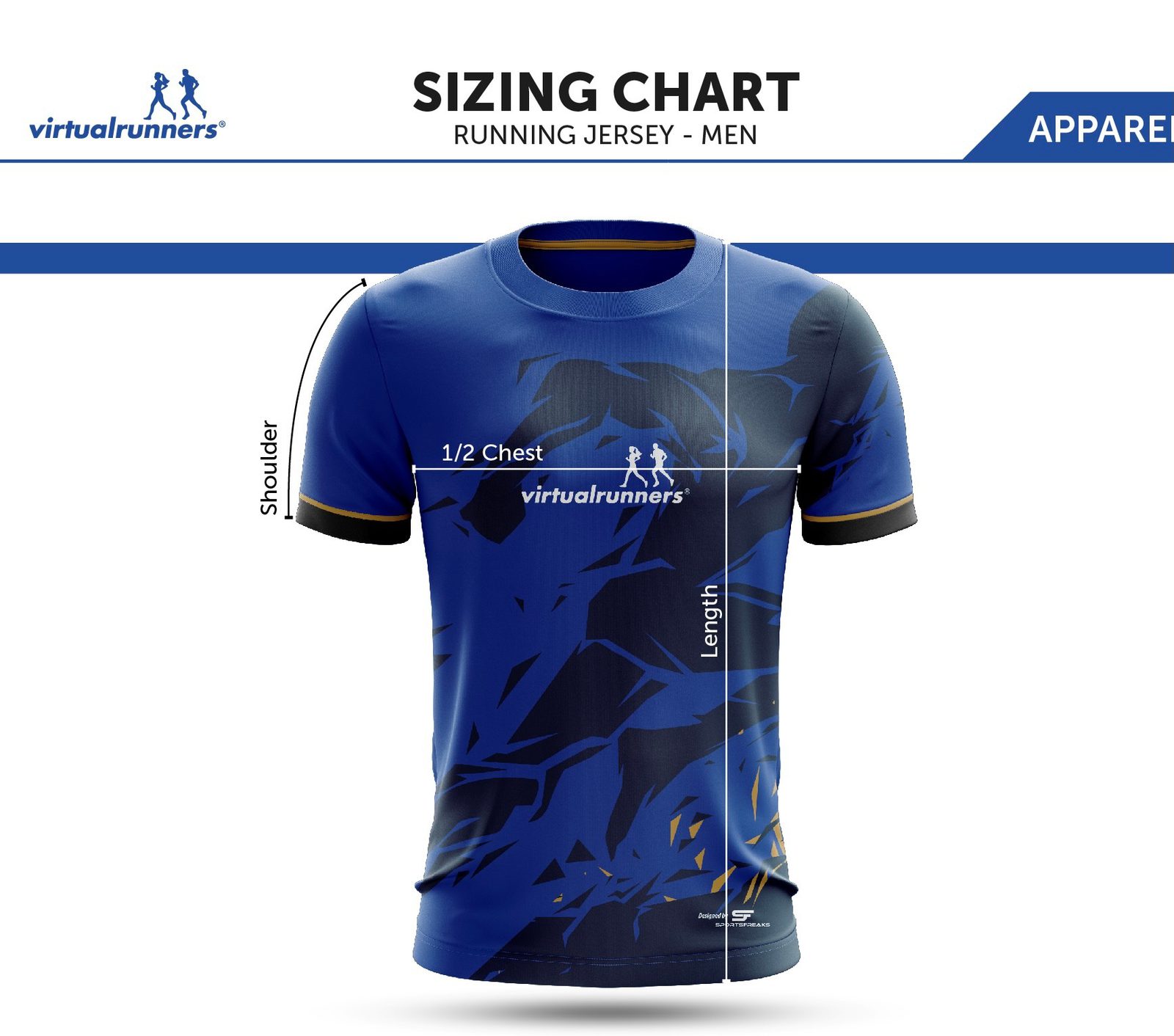 Blue running jersey sizing chart for men, labeled "virtualrunners." The chart displays measurements for shoulder width, 1/2 chest width, and jersey length with arrows and lines indicating each dimension on the jersey.