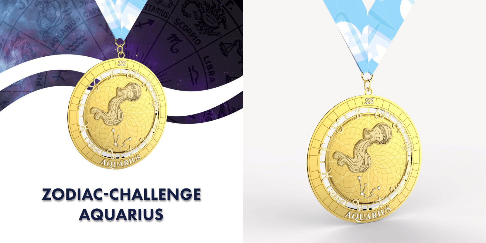 A gold medal featuring an engraved illustration of the Aquarius zodiac symbol and constellations, presented against a deep blue and light purple background with zodiac symbols. The text "ZODIAC CHALLENGE AQUARIUS" is displayed in bold blue letters at the bottom.