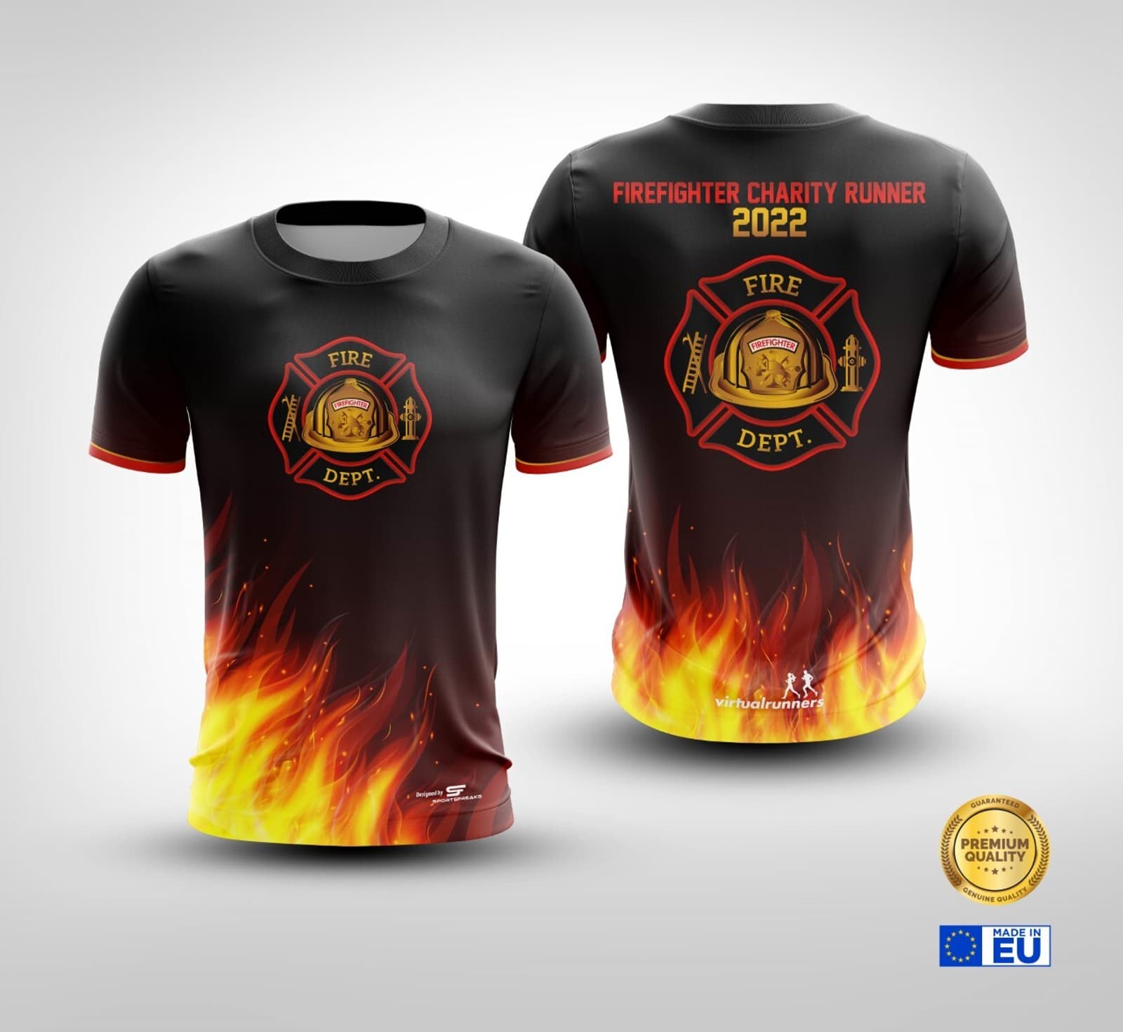 Two black athletic shirts with fiery designs at the bottom. The front has a firefighter logo and the back reads "FIREFIGHTER CHARITY RUNNER 2022" above the same logo. Two small logos are at the bottom of the back, one of which indicates European Union support.
