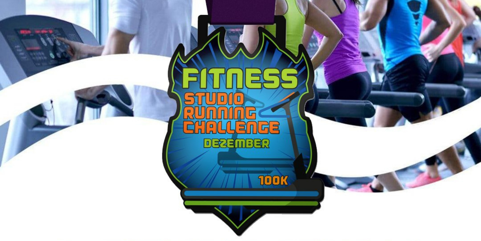 A fitness studio event badge for the "Fitness Studio Running Challenge" in December, with a 100K goal. The badge features vibrant colors and a treadmill icon against a backdrop of people running on treadmills.