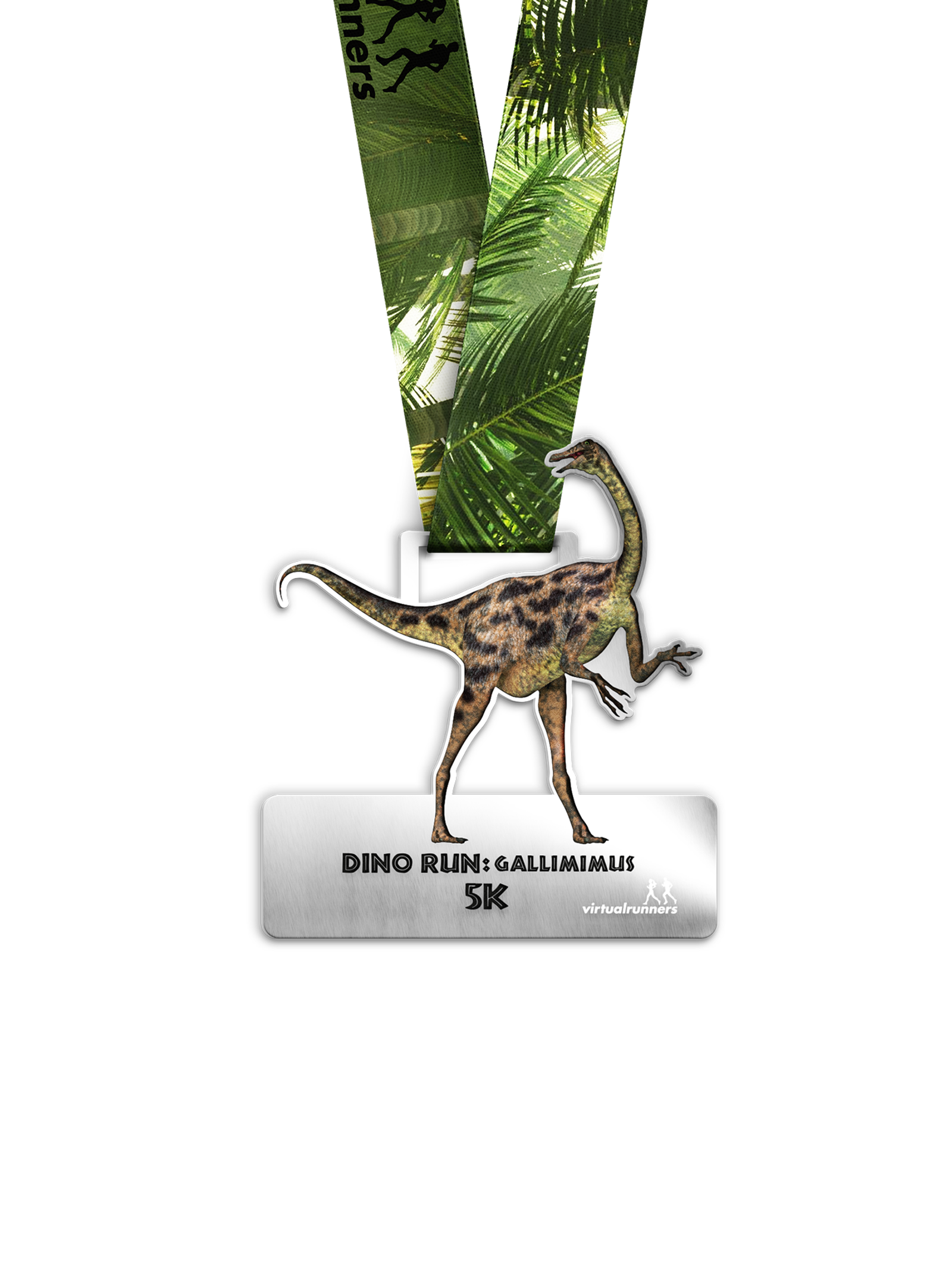 A 5K race medal featuring a design of a Gallimimus dinosaur with a green, leaf-patterned ribbon. The medal has the text "Dino Run: Gallimimus 5K" and the logo of "Virtual Run" at the bottom.