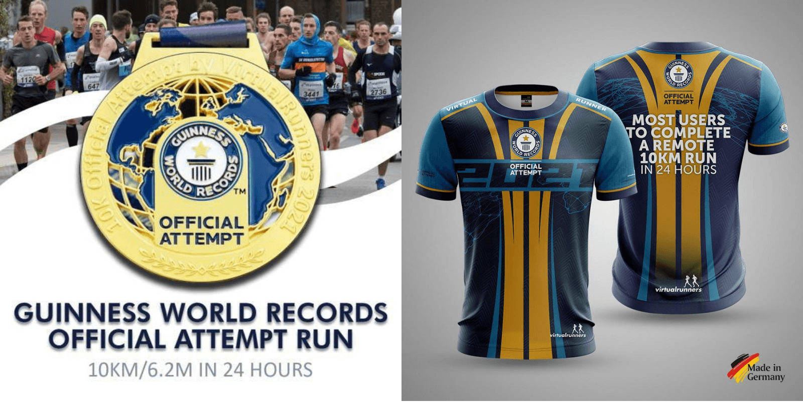 Split image with left side showing a crowd of runners and a medal with "Guinness World Records Official Attempt Run" text. Right side shows front and back of a runner's jersey with "Most Users To Complete A Remote 10KM Run In 24 Hours". "Made in Germany" logo at bottom right.
