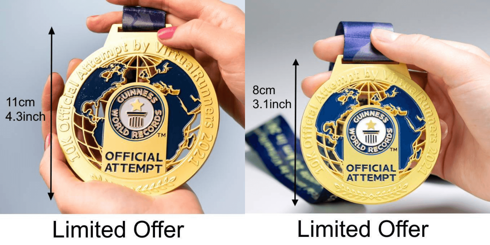 The image features two Guinness World Records medals. The left medal is 11cm (4.3 inches) in height and is held in a hand. The right medal is 8cm (3.1 inches) in height, shown on a light background. Both medals have a "Limited Offer" caption below them.