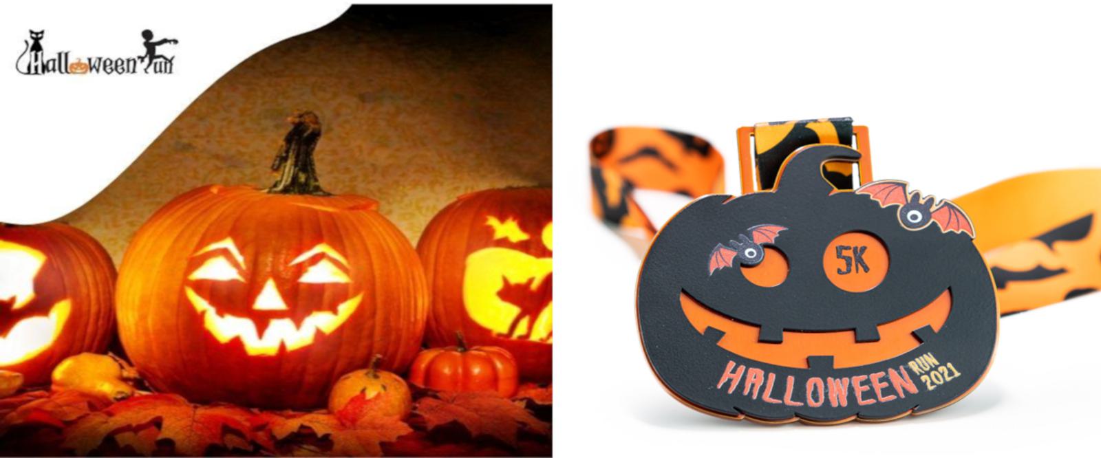 Two Halloween-themed images side by side. The left image shows glowing jack-o'-lanterns with carved faces in a dimly lit setting. The right image features a 5K Halloween Run 2021 medal shaped like a smiling pumpkin, adorned with bat and spider decorations.