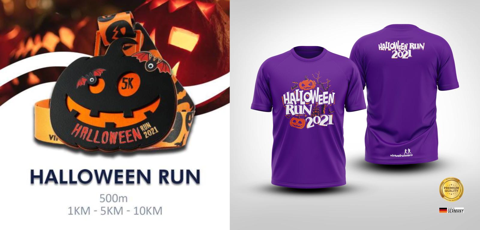 A split image with a Halloween Run medal and lanyard on the left, featuring pumpkin designs and "1KM - 5KM - 10KM." On the right are two purple Halloween Run 2021 shirts, showcasing festive graphics and text. Germany's flag and Intersport brand logo are at the bottom right.