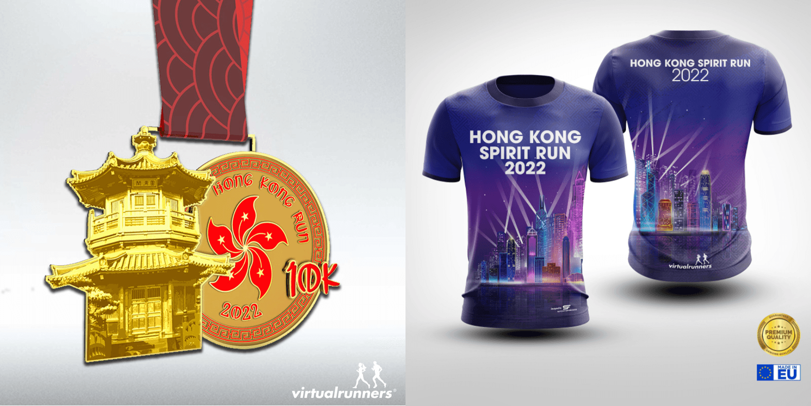 The image features two medals and two T-shirts for the Hong Kong Spirit Run 2022. The medals are gold and red, shaped like a traditional Asian pagoda and flower. The T-shirts are purple with a night cityscape and "HONG KONG SPIRIT RUN 2022" text.