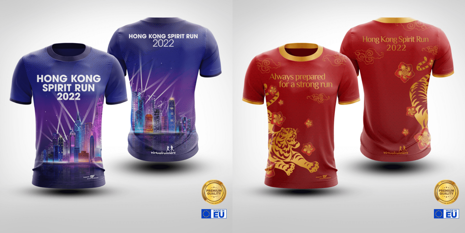 Two sports shirts for the "Hong Kong Spirit Run 2022." The left shirt features a night cityscape with laser lights and skyscrapers in purple and blue hues. The right shirt is red with golden tiger graphics and the text "Always prepared for a strong run.