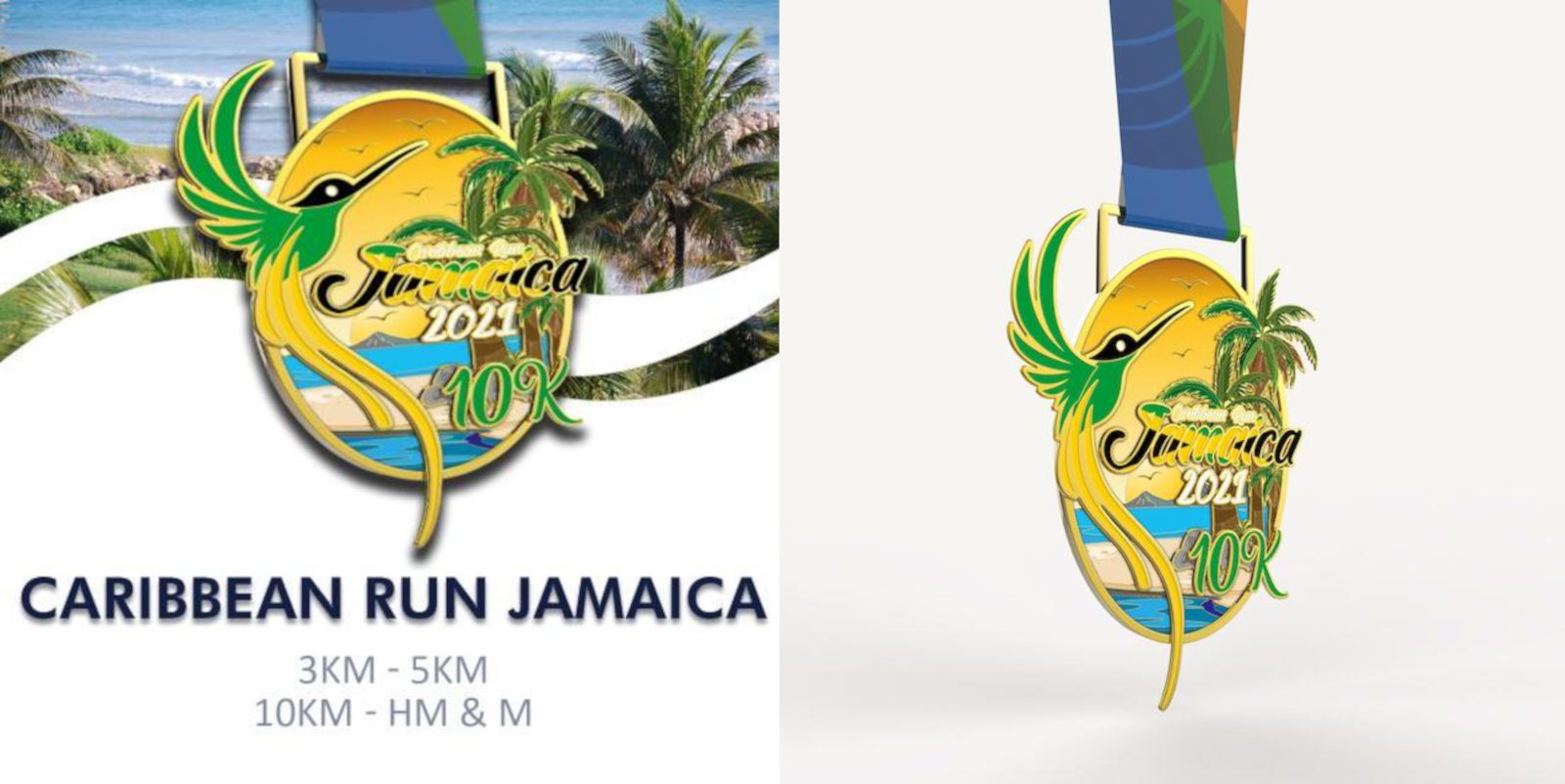 Poster featuring a medal for the "Caribbean Run Jamaica 2021 10K". The medal design includes a colorful parrot, palm trees, and a beach scene with a blue, yellow, and green ribbon. Text at the bottom states the run distances: 3KM, 5KM, 10KM, Half Marathon, and Marathon.