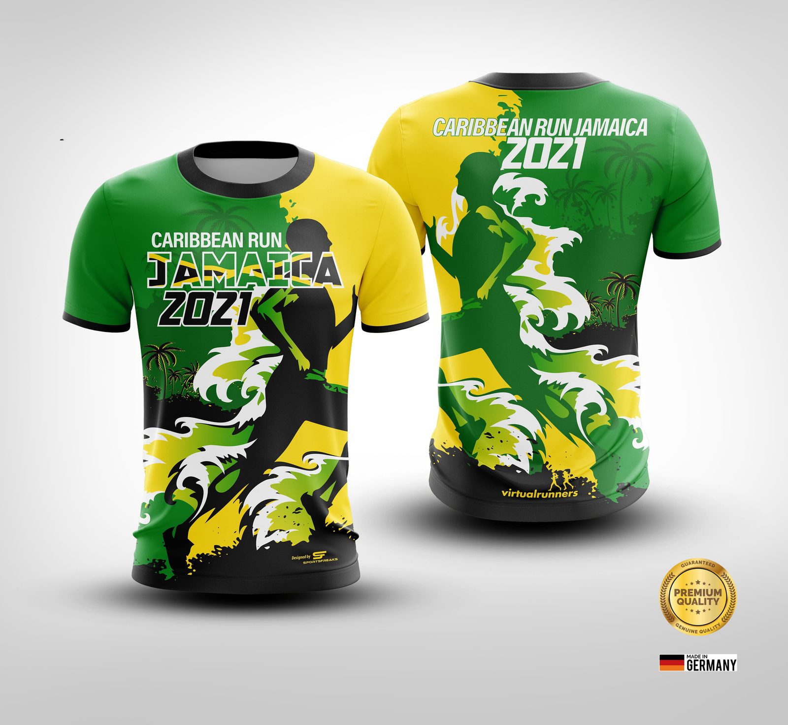 Front and back view of a sports T-shirt with "Caribbean Run Jamaica 2021" printed in bold letters. The design features runners, tropical elements, yellow, green, and black colors, and a badge indicating premium quality. The German flag is displayed at the bottom right corner.