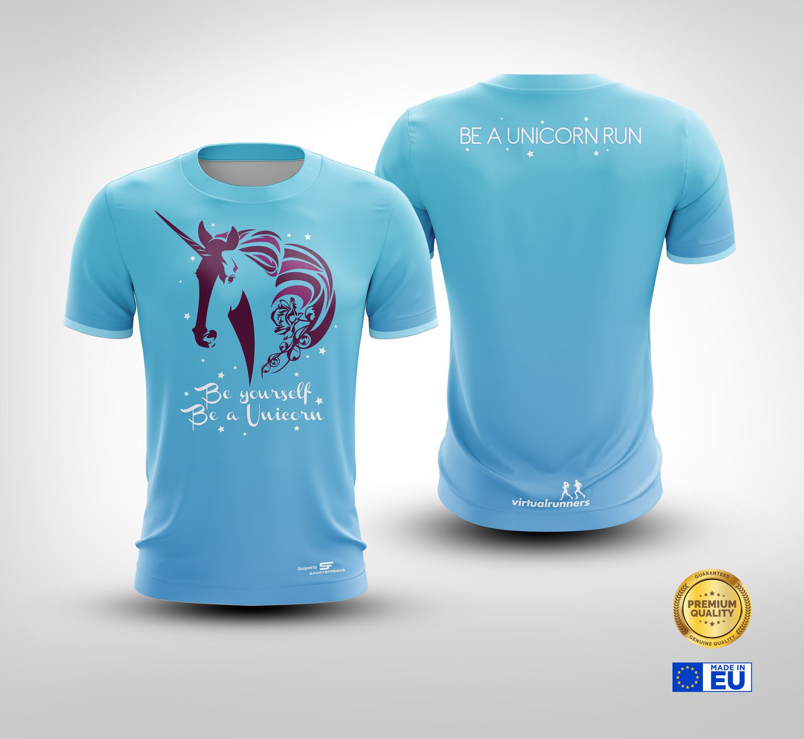 Front and back view of a light blue running shirt. The front features an illustrated unicorn with the quote "Be yourself. Be a unicorn." The back displays the text "Be a Unicorn Run" near the neckline, along with a small logo and EU quality/warranty symbols at the bottom.