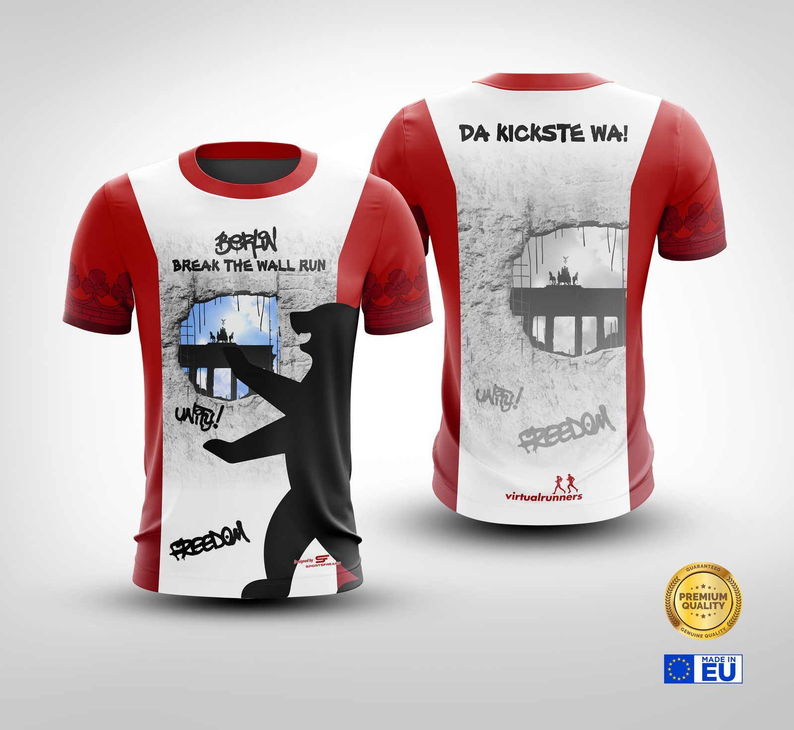Two T-shirts with matching designs celebrate the "Break the Wall Run." They feature bold graphics of a person breaking through a wall, the Berlin TV tower, and the words "DA KICKSTE WA! Berlin Break the Wall Run UNTIL! Freedom." Labels indicate premium quality and EU origin.