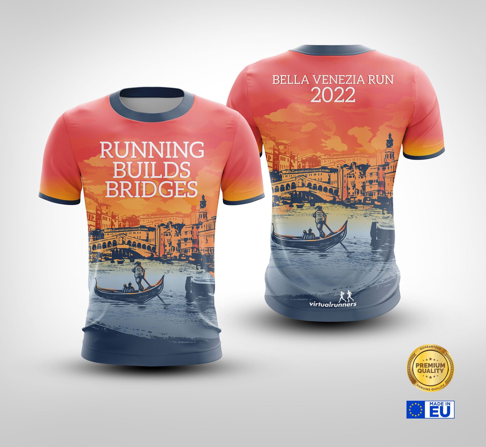 Front and back of a colorful running shirt with "RUNNING BUILDS BRIDGES" on the front and "BELLA VENEZIA RUN 2022" on the back. The design features a scenic illustration of Venice, including gondolas and historic architecture. EU and premium quality logos are included.