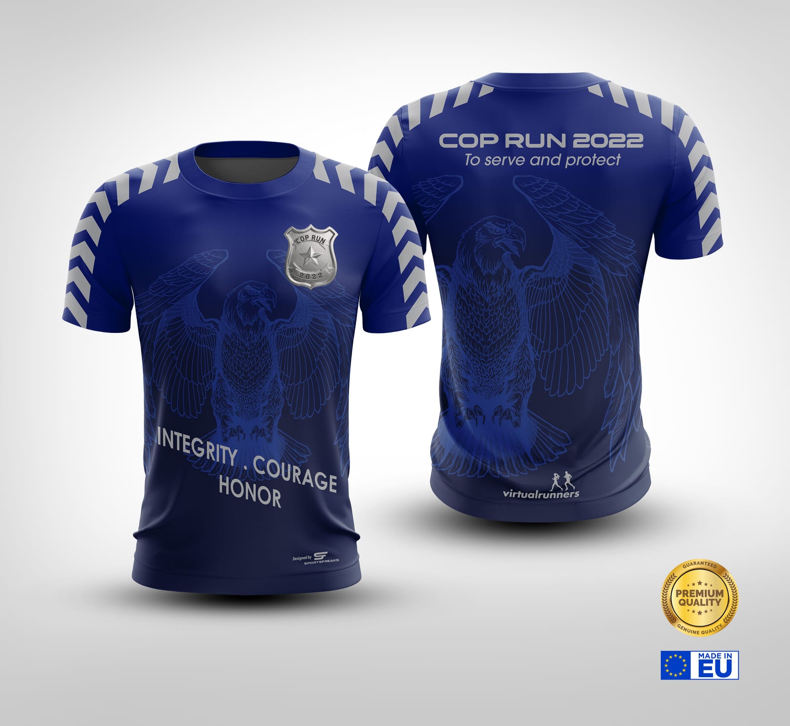 The image features front and back views of a blue "COP RUN 2022" T-shirt. The T-shirt has a badge emblem, eagle graphic, and the words "INTEGRITY - COURAGE - HONOR." It also includes logos for premium quality and the EU.