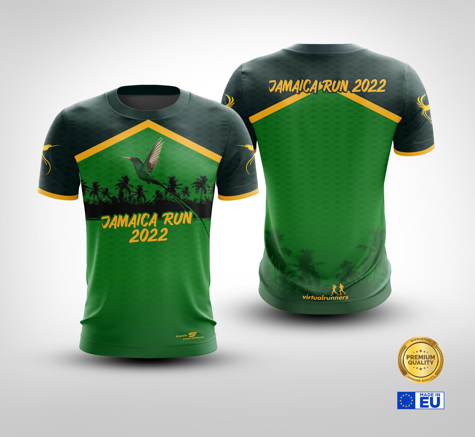 Front and back view of a green jersey with "Jamaica Run 2022" written in yellow text. The front features a stylized sunburst and hummingbird, while the back displays a silhouette of runners against a backdrop of palm trees. Premium quality badges are also shown.