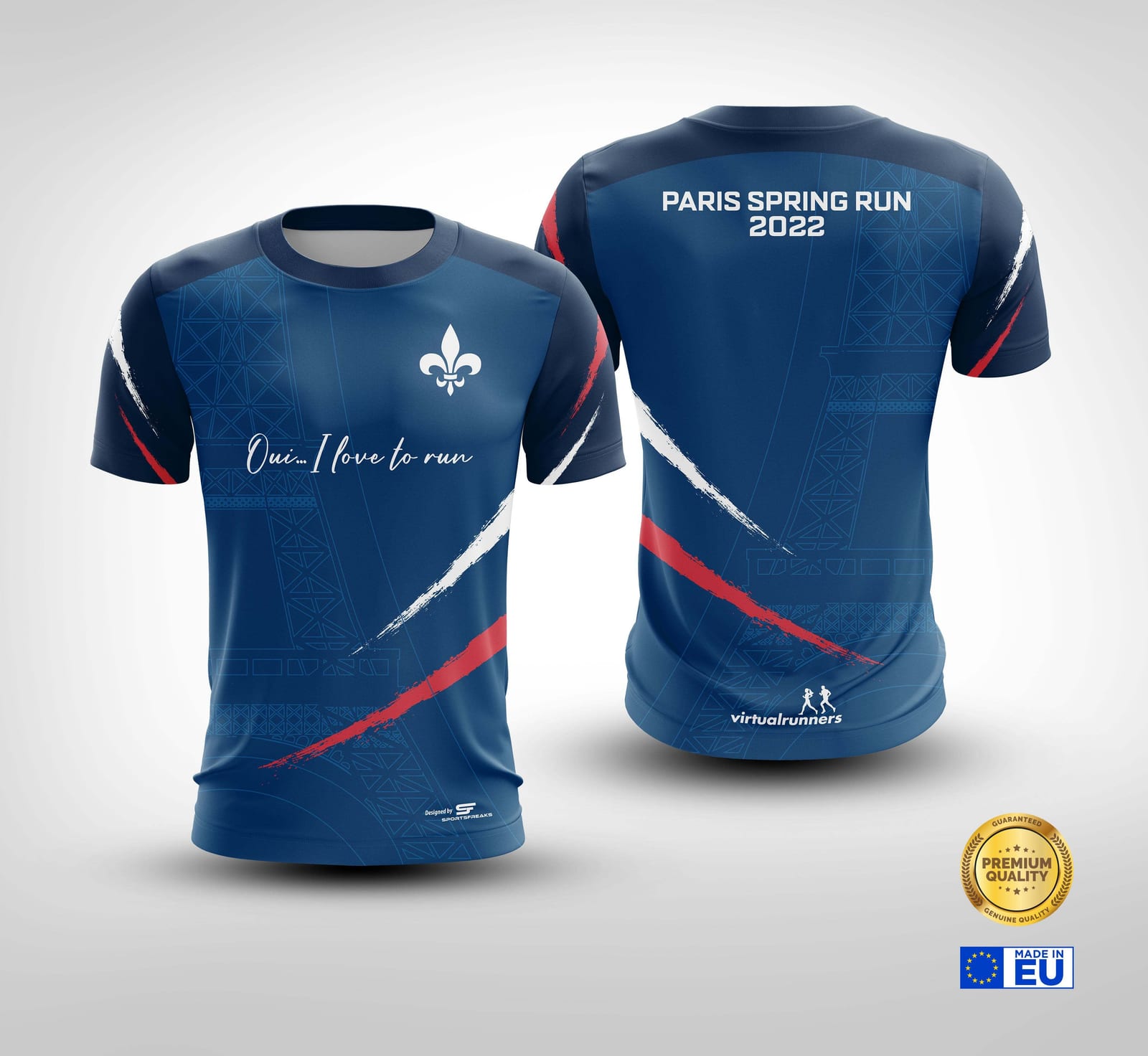 Two blue running shirts with red and white accents. The front shirt features a fleur-de-lis design and the phrase "Oui! I love to run." The back shirt has "Paris Spring Run 2022" text. Both have a subtle Eiffel Tower graphic. Logos indicate premium quality and EU origin.