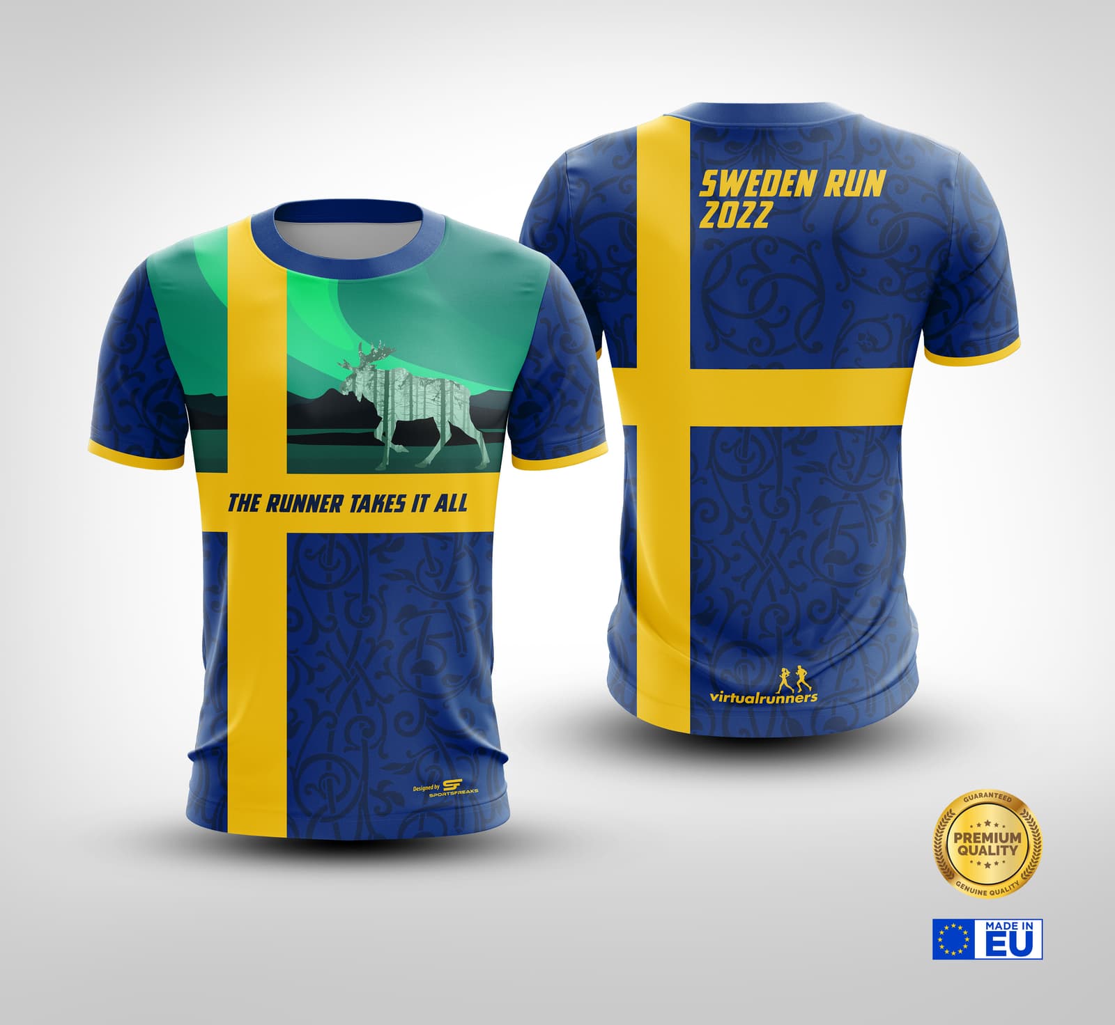 Two running jerseys featuring the Swedish flag's blue and yellow colors. The front jersey has a moose graphic and the text "The Runner Takes It All." The back jersey displays "Sweden Run Zozz," a premium quality badge, and an EU flag label.