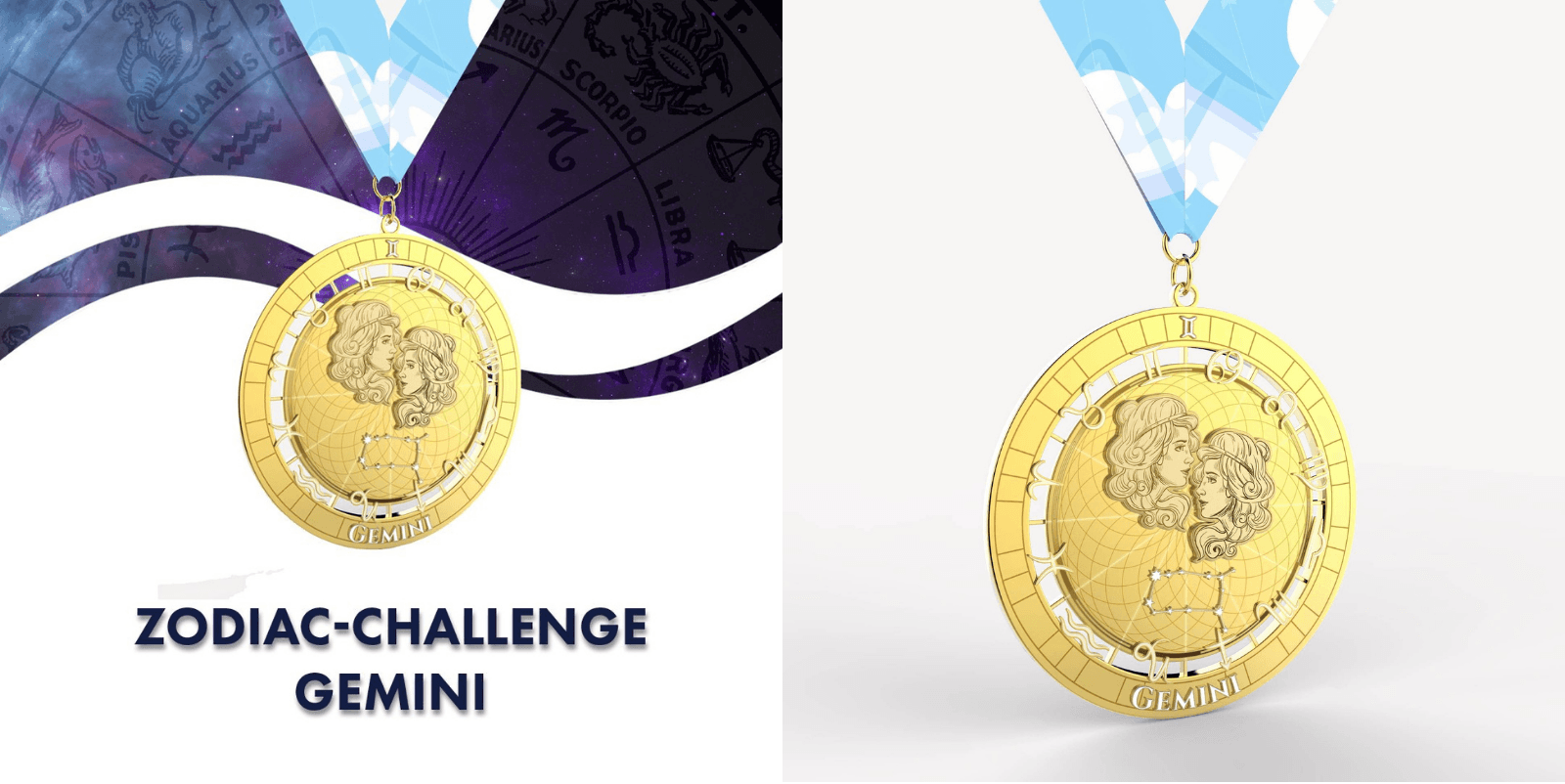 A gold medal with astrological designs and a Gemini symbol hangs on a blue and white ribbon. The left side has a dark zodiac-themed background with the text "ZODIAC CHALLENGE GEMINI" in bold and all caps. The right side shows a closer view of the medal.