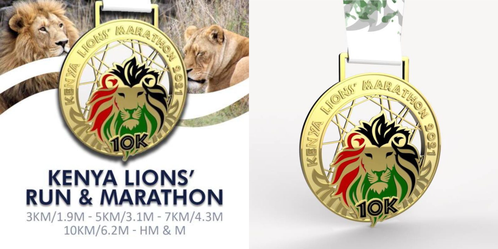 Two images of marathon medals featuring a lion's face in the center with the text "Kenya Lions' Marathon 2021" around it. The left includes race distances from 3K to a half marathon, with a lion and lioness in the background. The right shows the medal alone on a ribbon.
