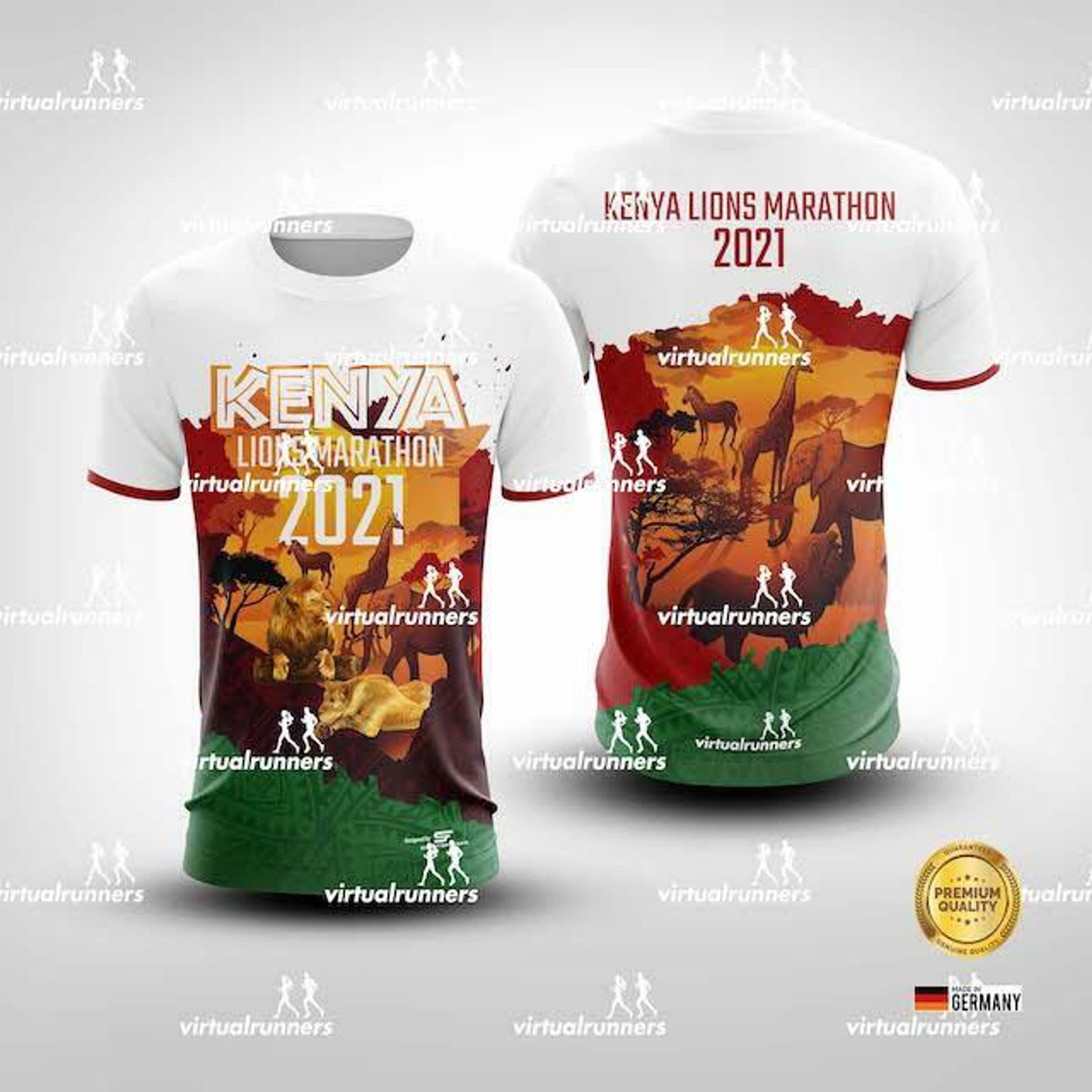 Short-sleeved white shirts for the Kenya Lions Marathon 2021. Front features "KENYA LIONS MARATHON 2021" text with marathon and nature graphics. Back displays trees, animals, "KENYA LIONS MARATHON 2021" text, and Virtual Runners logo. A quality seal is on the right sleeve.