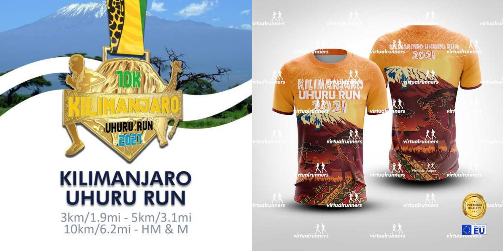 A promotional image for the Kilimanjaro Uhuru Run 2021. On the left, a logo features the event name, distances (3km, 5km, 10km), and a runner's silhouette in front of Mount Kilimanjaro. On the right, front and back views of a colorful event T-shirt with event details.