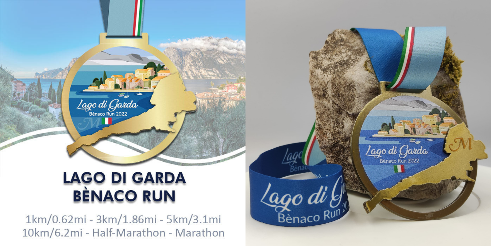 A medal from the Lago di Garda Bènaco Run 2022 has a scenic design of the lake with mountains, nestled on an irregularly shaped gold base. The ribbon is blue with white text, and the medal is shown hanging on a rock and with a scenic view of Lake Garda in the background.