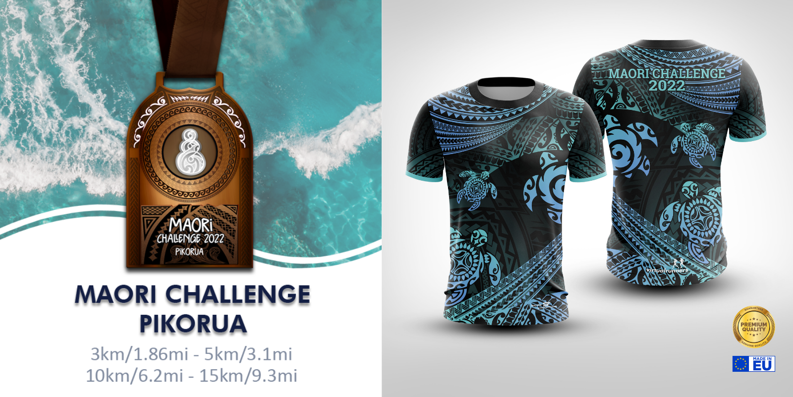 A poster displays the Maori Challenge Pikorua event. On the left, a medal with Maori designs is shown. The right side features front and back views of a stylized event t-shirt. The text includes race distances and logos of the participating organizations.