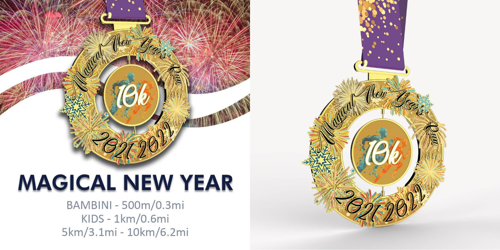 A festive medal for a "Magical New Year 10K" event. The medal features a gold design with "2022-2023", fireworks, and a globe. Background includes fireworks and event distances: 500m, 1km, 5km, and 10km.