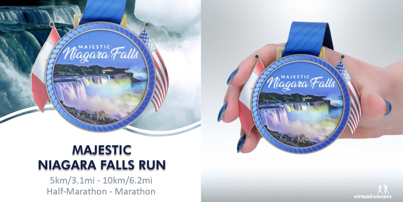 Two images side by side showcasing the "Majestic Niagara Falls Run" medal featuring a colorful illustration of Niagara Falls. Text under the left image reads "5km/3.1mi - 10km/6.2mi Half-Marathon - Marathon." The medal is held by a hand with a blue ribbon.