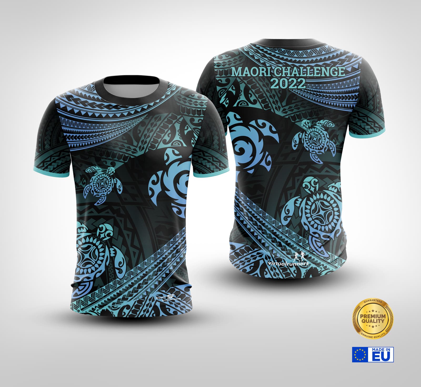 Two T-shirts with intricate blue and black Maori-inspired designs featuring turtles are displayed in front and back views. Text reads "MAORI CHALLENGE 2022." A "Premium Quality" badge and a "Made in EU" label are included in the bottom corners.
