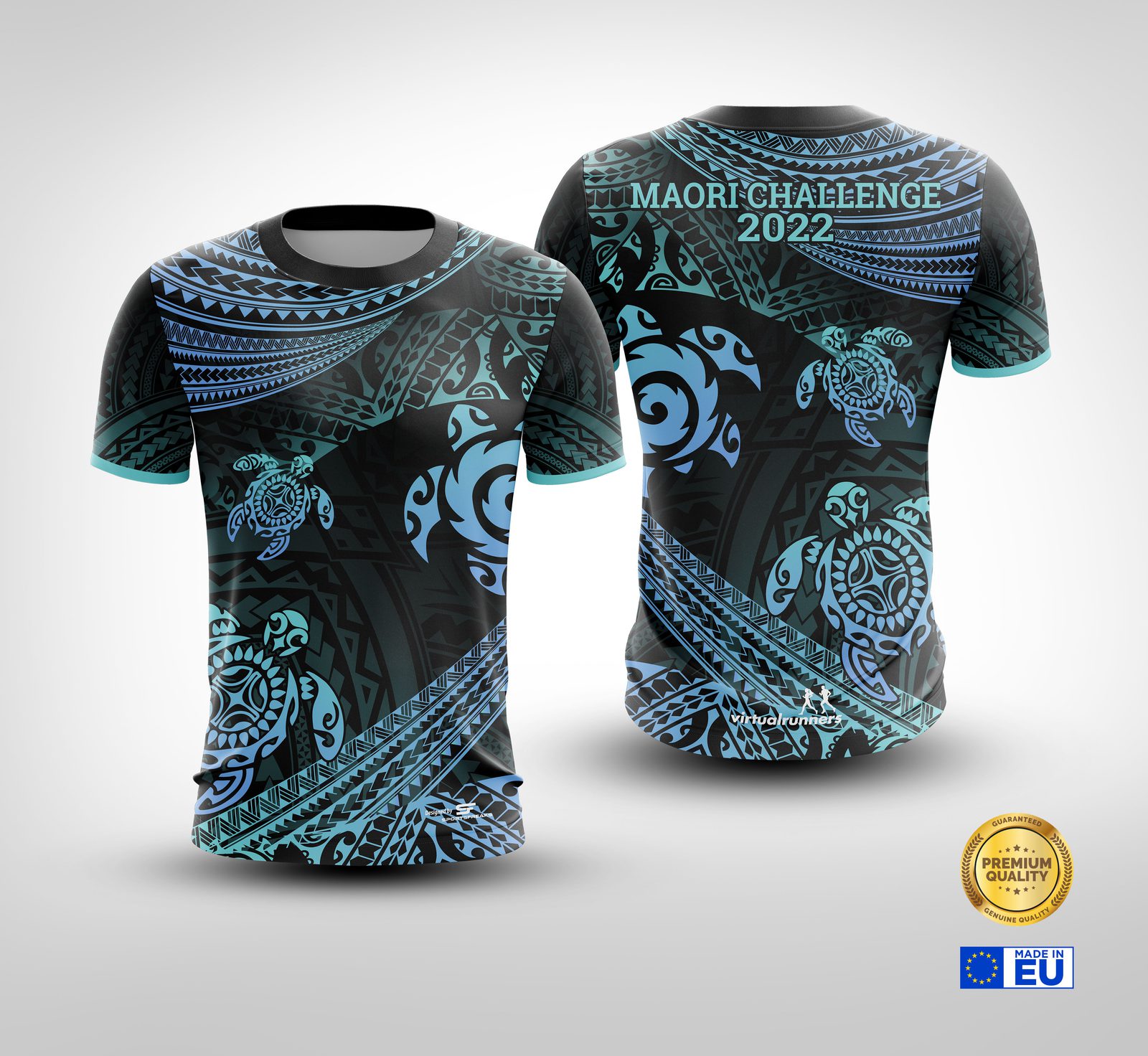 A front and back view of a t-shirt designed for the "Maori Challenge 2022." The shirt features intricate Maori patterns in blue and black, with sea turtles integrated into the design. A "Premium Quality" badge and the EU Made in EU logo are also visible.